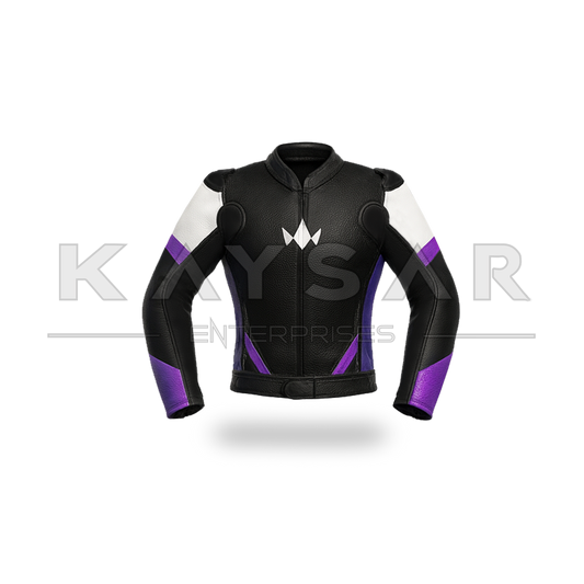KE-744 Black with Purple Motorbike Leather Jacket for Men