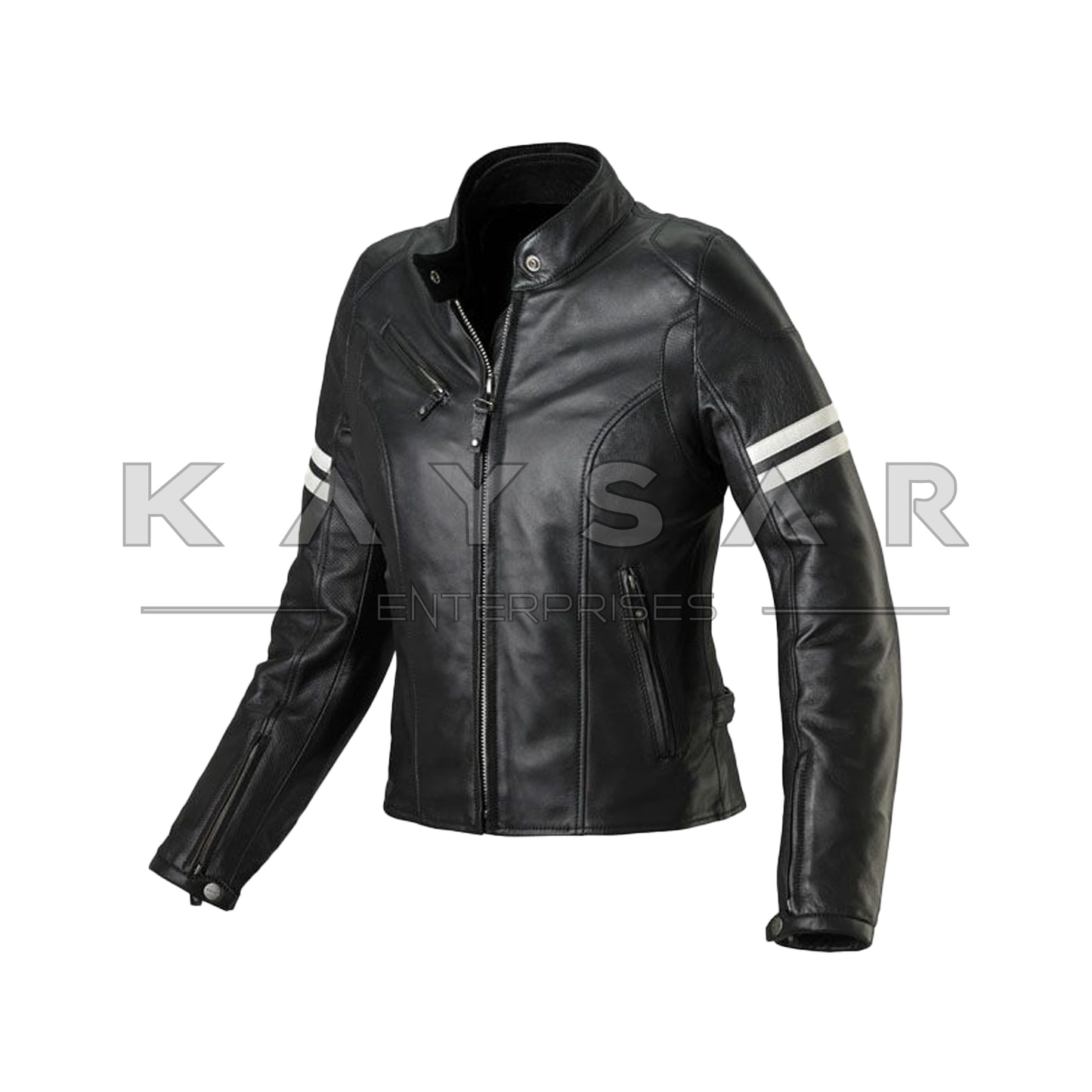 KE-W-203 White Strips Women Real Leather Jacket in Black