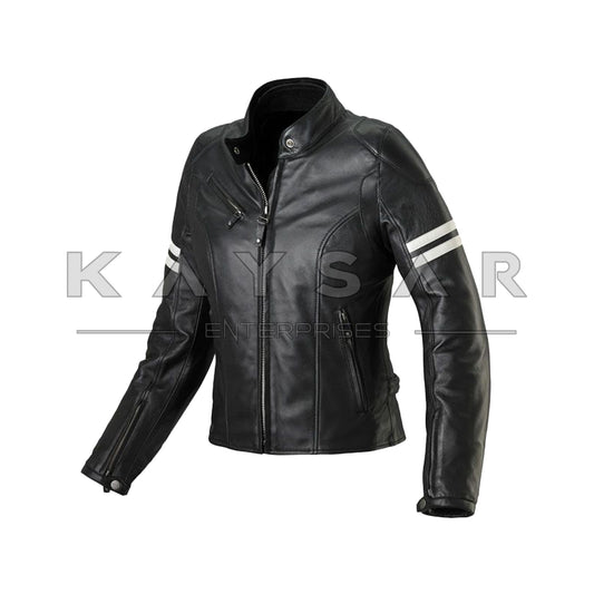 KE-W-203 White Strips Women Real Leather Jacket in Black