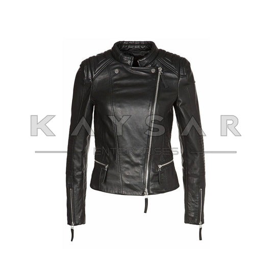 KE-W-201 Black Real Leather Jacket for Women