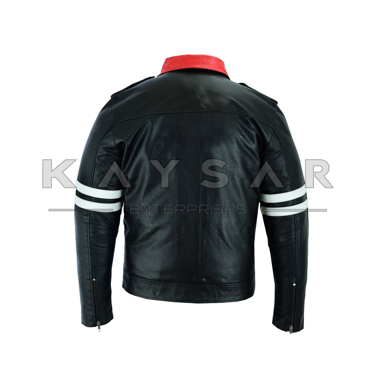 KE-F-502 White Strips Black Vintage Real Leather Jacket for Men