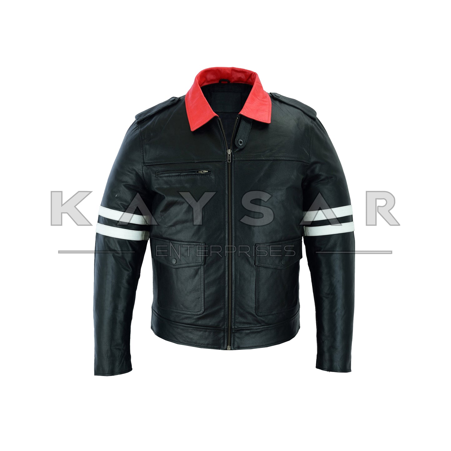KE-F-502 White Strips Black Vintage Real Leather Jacket for Men