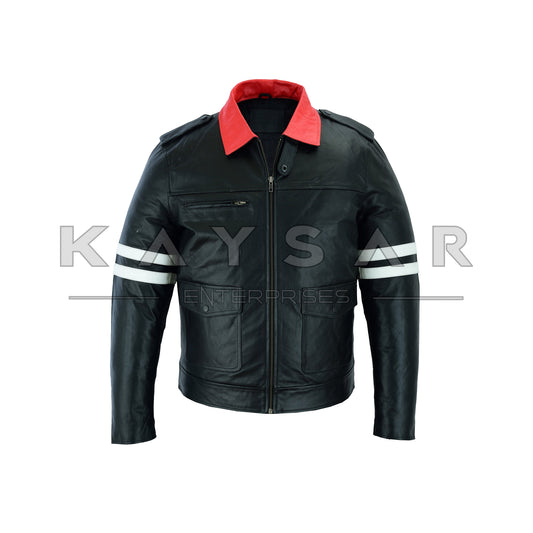 KE-F-502 White Strips Black Vintage Real Leather Jacket for Men
