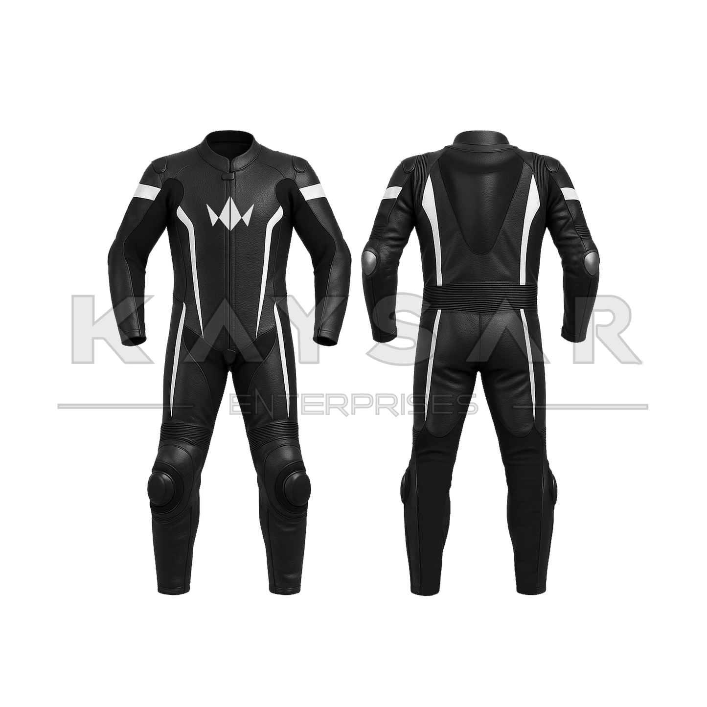 KE-258 Black with White Motorbike Leather Suit for Men