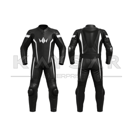 KE-258 Black with White Motorbike Leather Suit for Men
