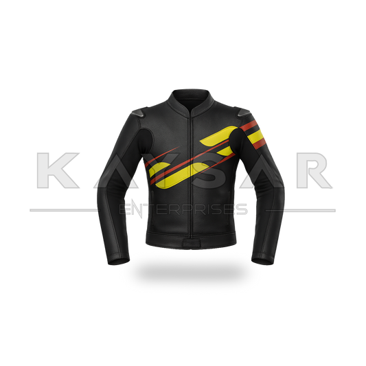 KE-733 Black Yellow Motorbike Leather Jacket for Mens