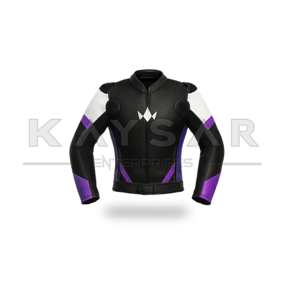 KE-744 Black with Purple Motorbike Leather Jacket for Men