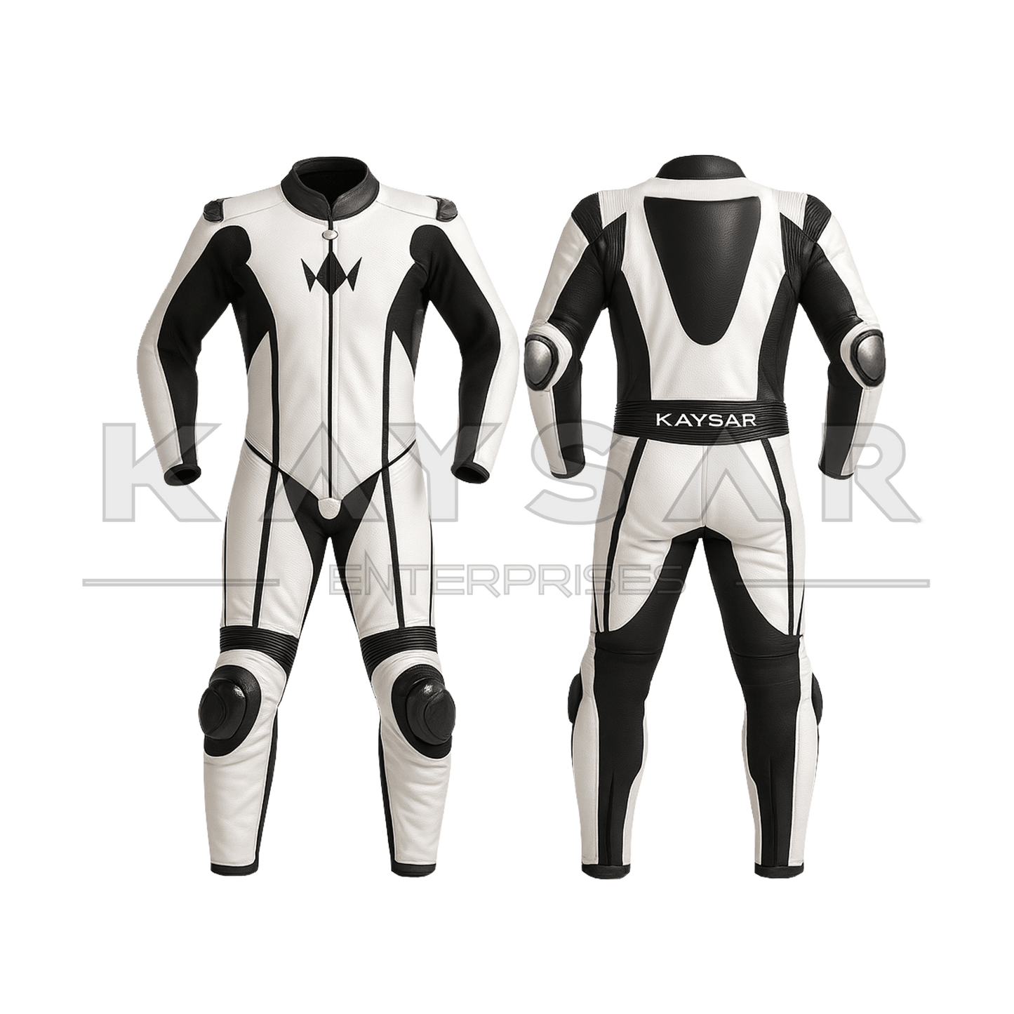 KE-266 White and Black Motorbike Leather Suit for Men