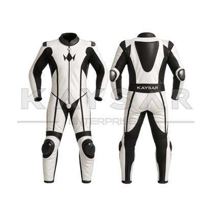 KE-266 White and Black Motorbike Leather Suit for Men