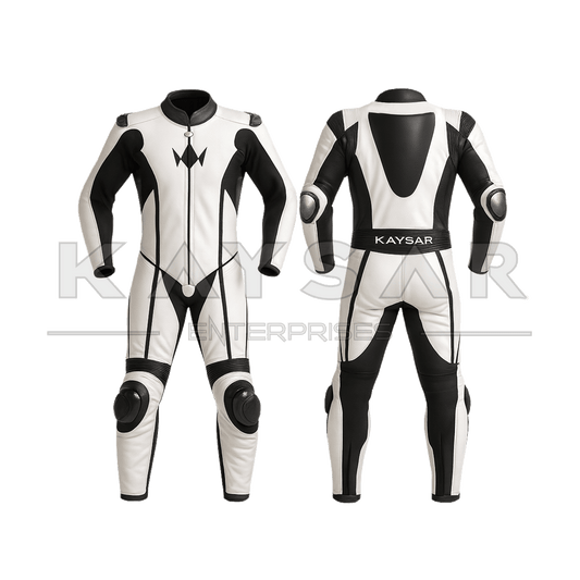 KE-266 White and Black Motorbike Leather Suit for Men