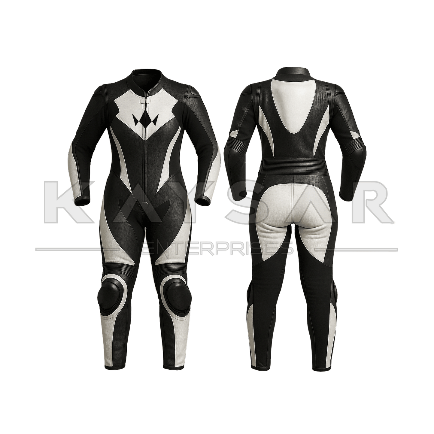 KE-W-263 Black and White Motorbike Leather Suit for Women