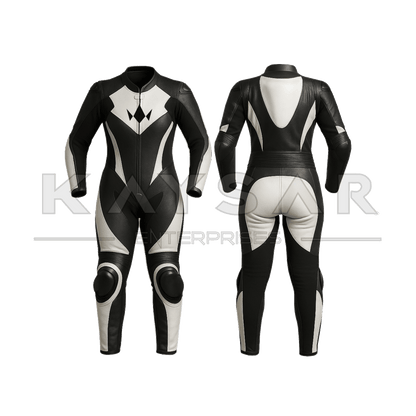 KE-W-263 Black and White Motorbike Leather Suit for Women