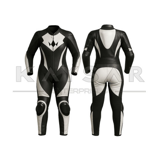 KE-W-263 Black and White Motorbike Leather Suit for Women