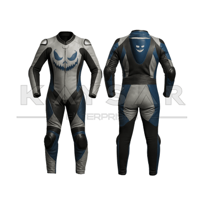 KE-W-257 Grey and Blue Motorbike Leather Suit for Women