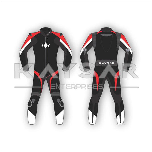 KE-215 Black & Red with white strips Customisable Motorbike Leather Suit for Men & Women