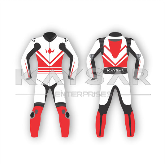 KE-202 White and Red Motorbike Leather Suit for Men & Women