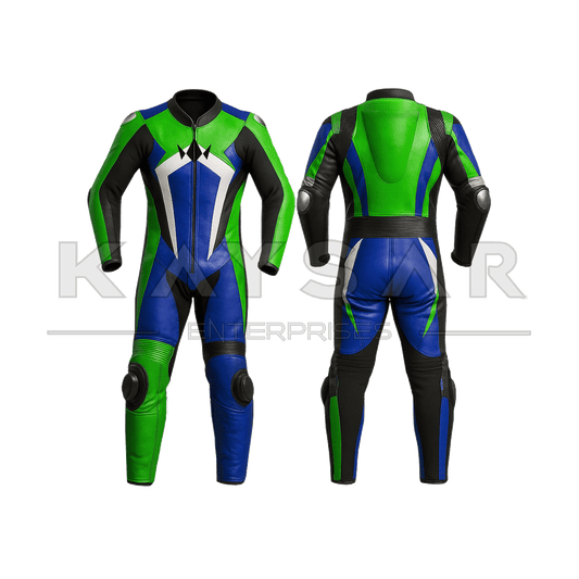 KE-280 Green and Blue Motorbike Leather Suit for Men