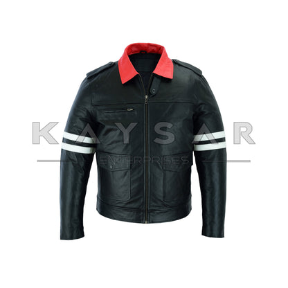 KE-F-502 White Strips Black Vintage Real Leather Jacket for Men