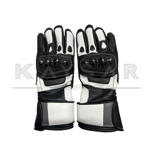 KE-30 White and Black Motorbike Leather Glove for Men & Women