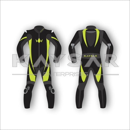 KE-205 Black and Lime Green Motorbike Leather Suit for Men & Women