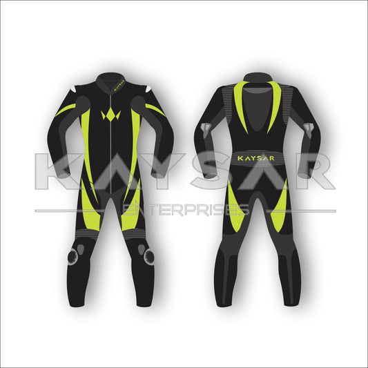 KE-205 Black and Lime Green Motorbike Leather Suit for Men & Women