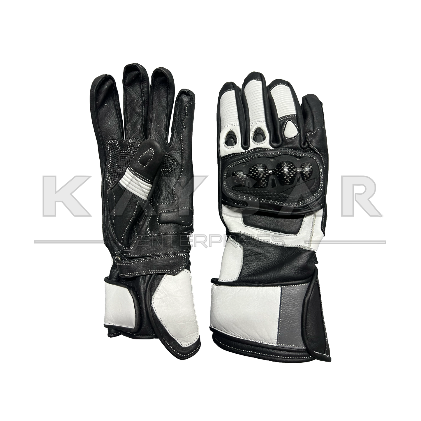 KE-30 White and Black Motorbike Leather Glove for Men & Women
