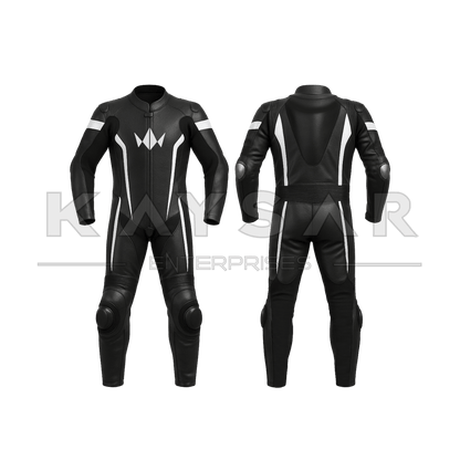 KE-258 Black with White Motorbike Leather Suit for Men