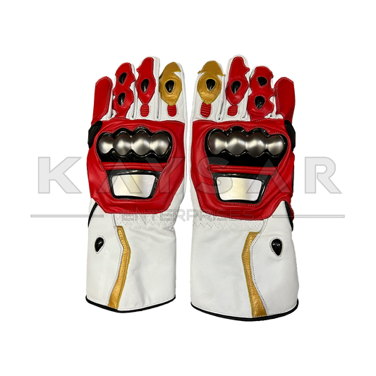 KE-27 Red and White Motorbike Leather Glove for Men & Women