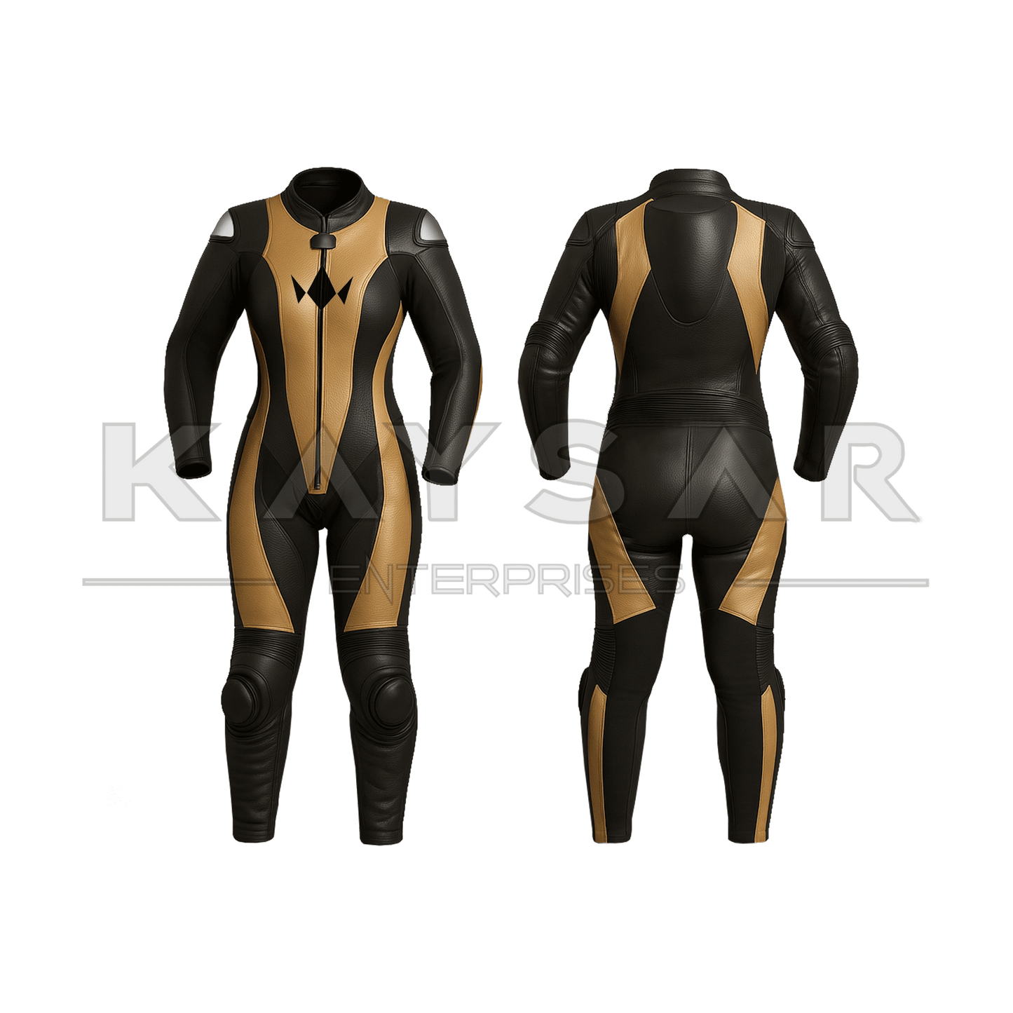 KE-W-261 Black and Golden Motorbike Leather Suit for Women