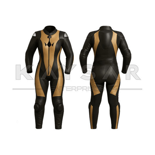KE-W-261 Black and Golden Motorbike Leather Suit for Women