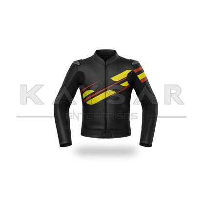 KE-733 Black Yellow Motorbike Leather Jacket for Mens