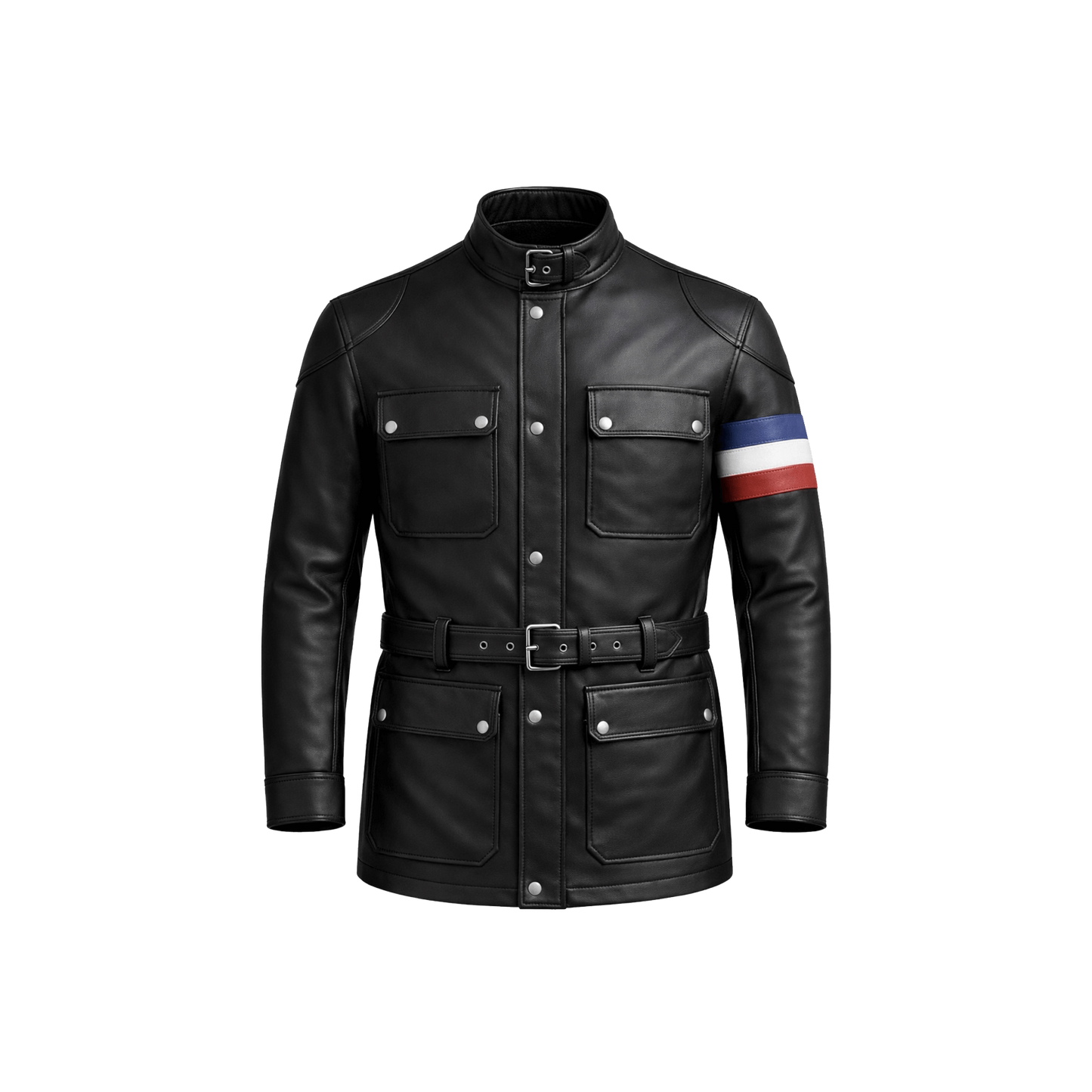 Black leather jacket with a colorful sleeve on a white background
