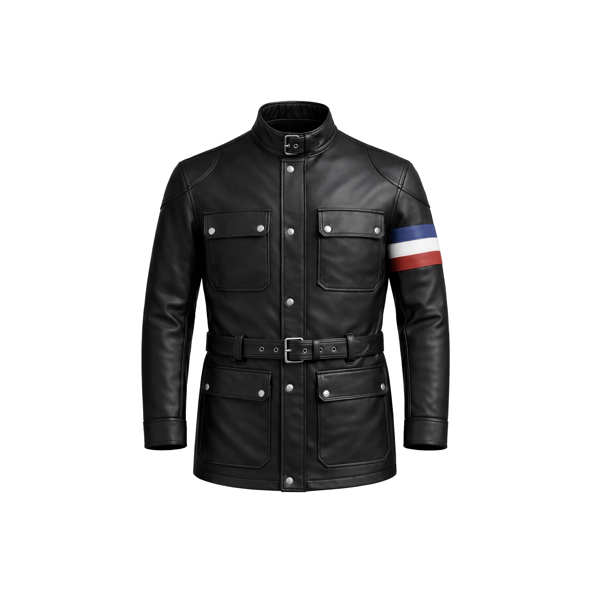 Black leather jacket with a colorful sleeve on a white background