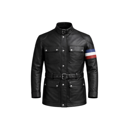 Black leather jacket with a colorful sleeve on a white background
