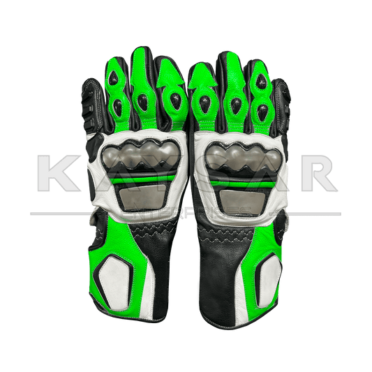 KE - 22 Green with White Motorbike Leather Glove - Kaysar Enterprises