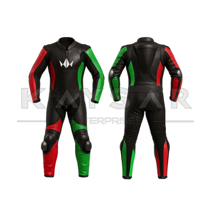 KE - 256 Red and Green Motorbike Leather Suit for Men - Kaysar Enterprises