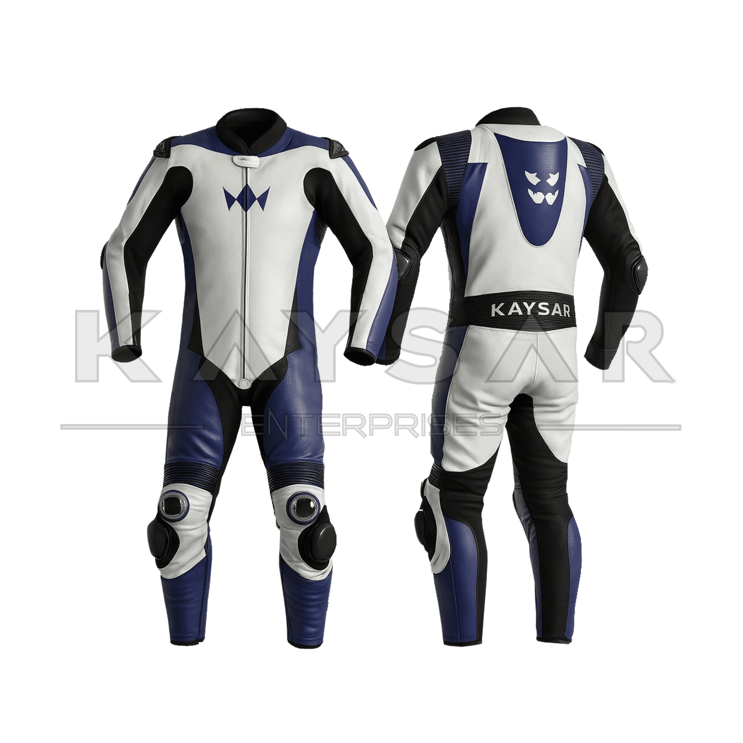 KE - 264 White & Blue Motorbike Leather Suit for Men - Kaysar Enterprises