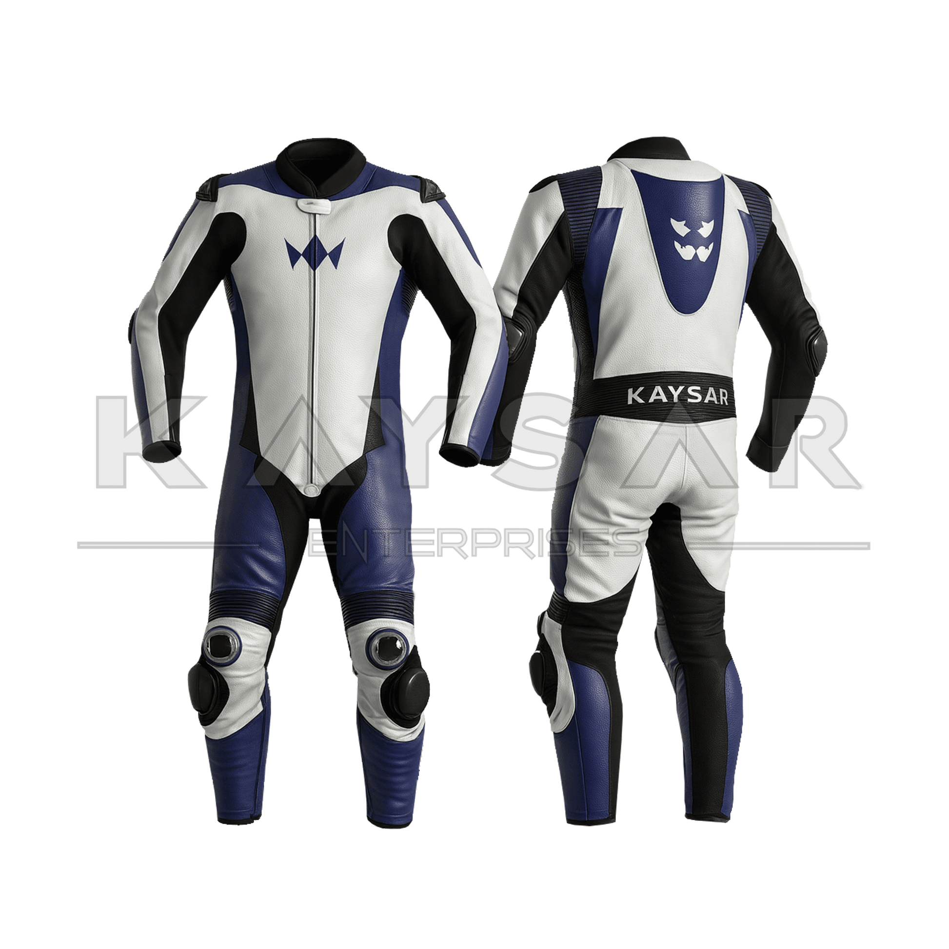 KE - 264 White & Blue Motorbike Leather Suit for Men - Kaysar Enterprises