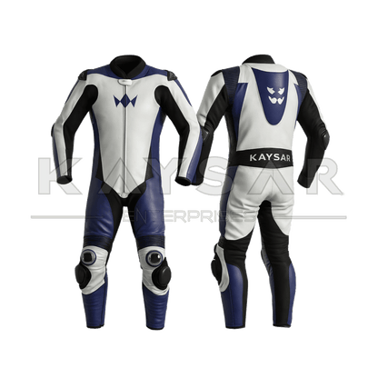 KE - 264 White & Blue Motorbike Leather Suit for Men - Kaysar Enterprises