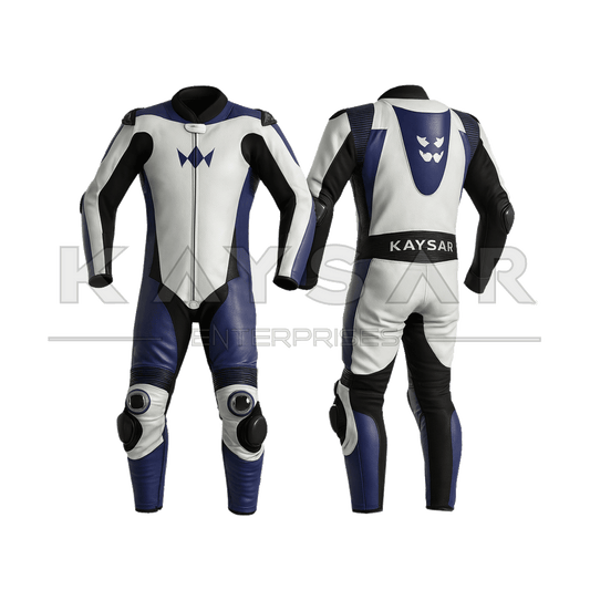 KE - 264 White & Blue Motorbike Leather Suit for Men - Kaysar Enterprises