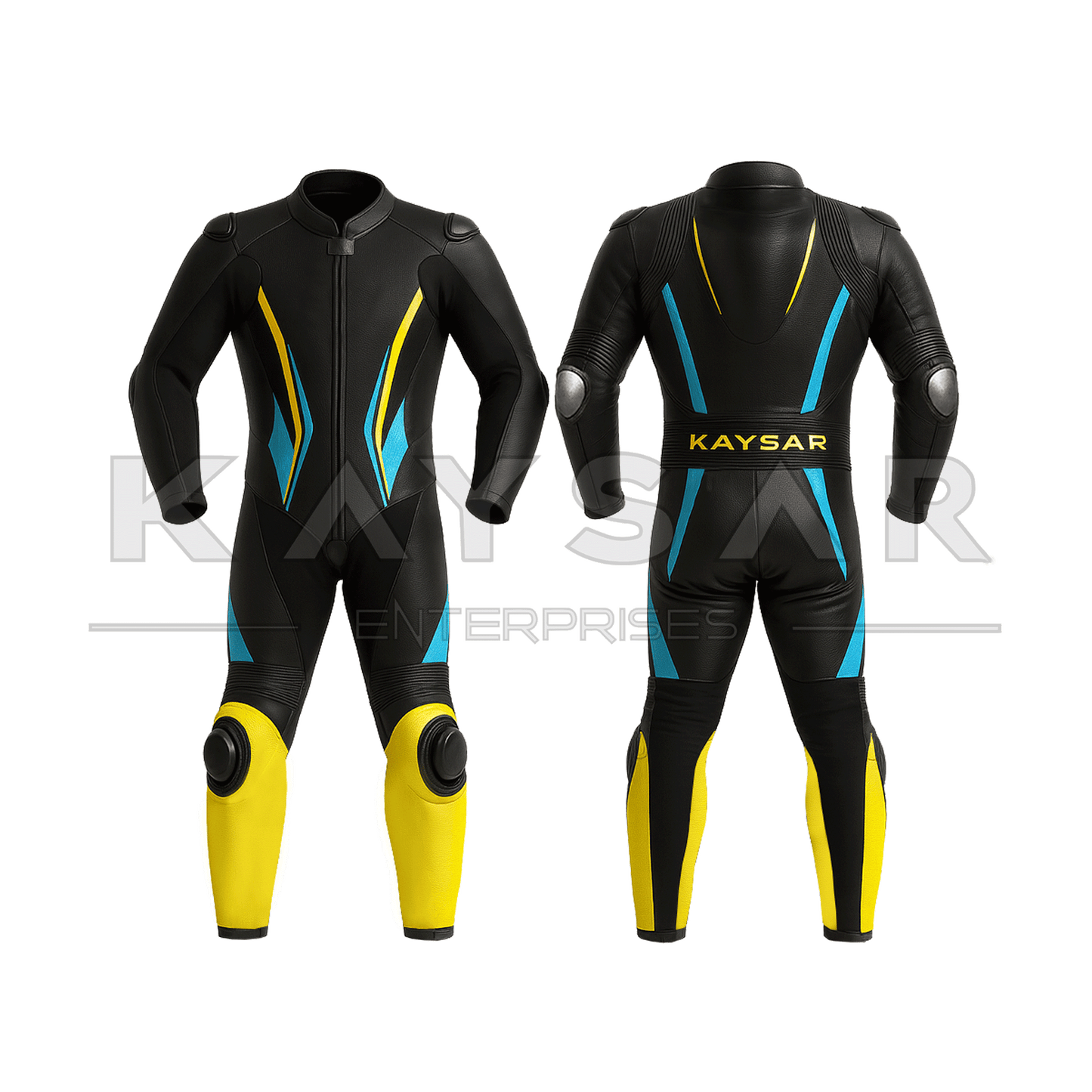 KE - 267 Blue with Yellow Motorbike Leather Suit for Men - Kaysar Enterprises