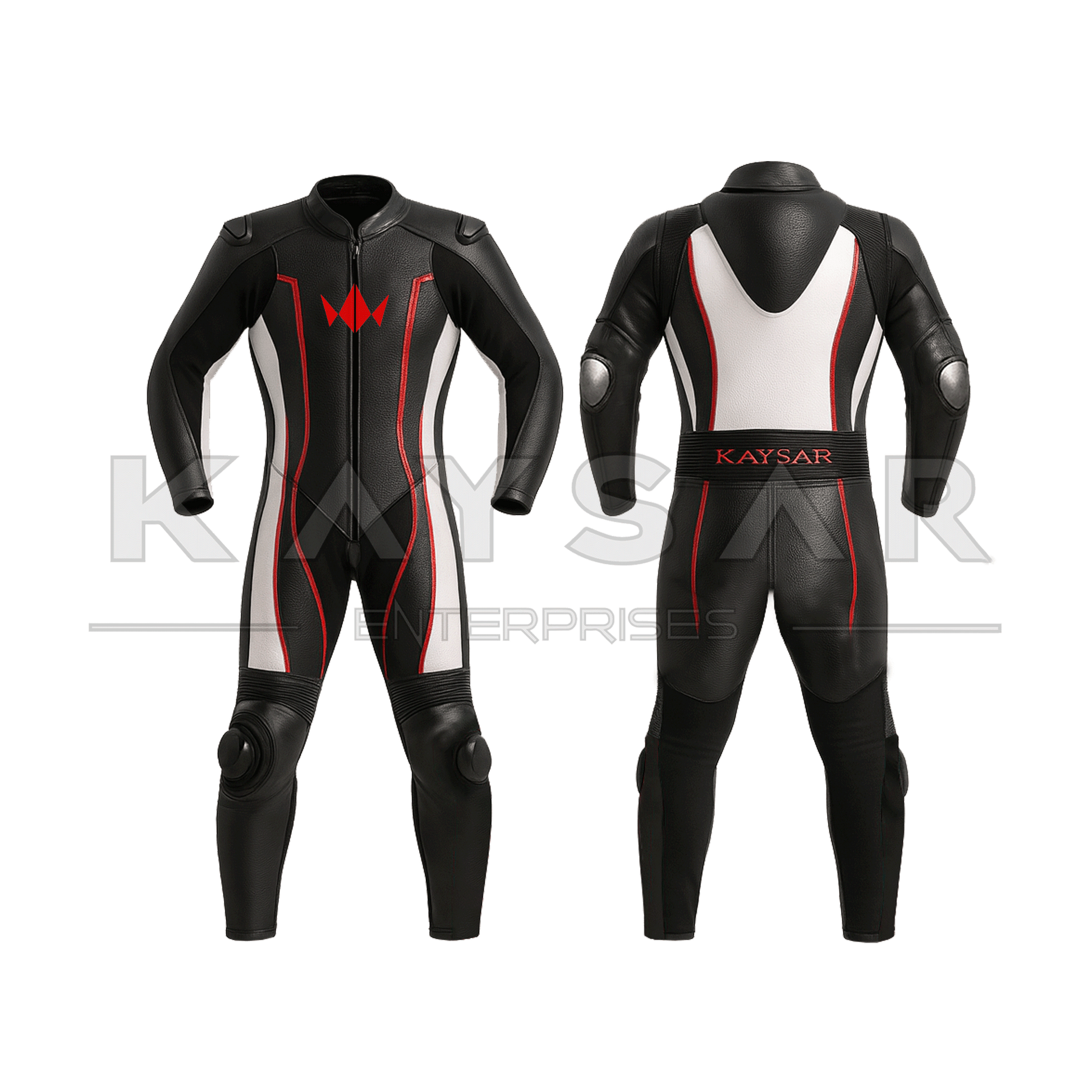 KE - 268 White with Red Motorbike Leather Suit for Men - Kaysar Enterprises