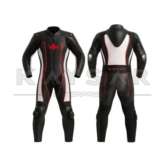 KE - 268 White with Red Motorbike Leather Suit for Men - Kaysar Enterprises