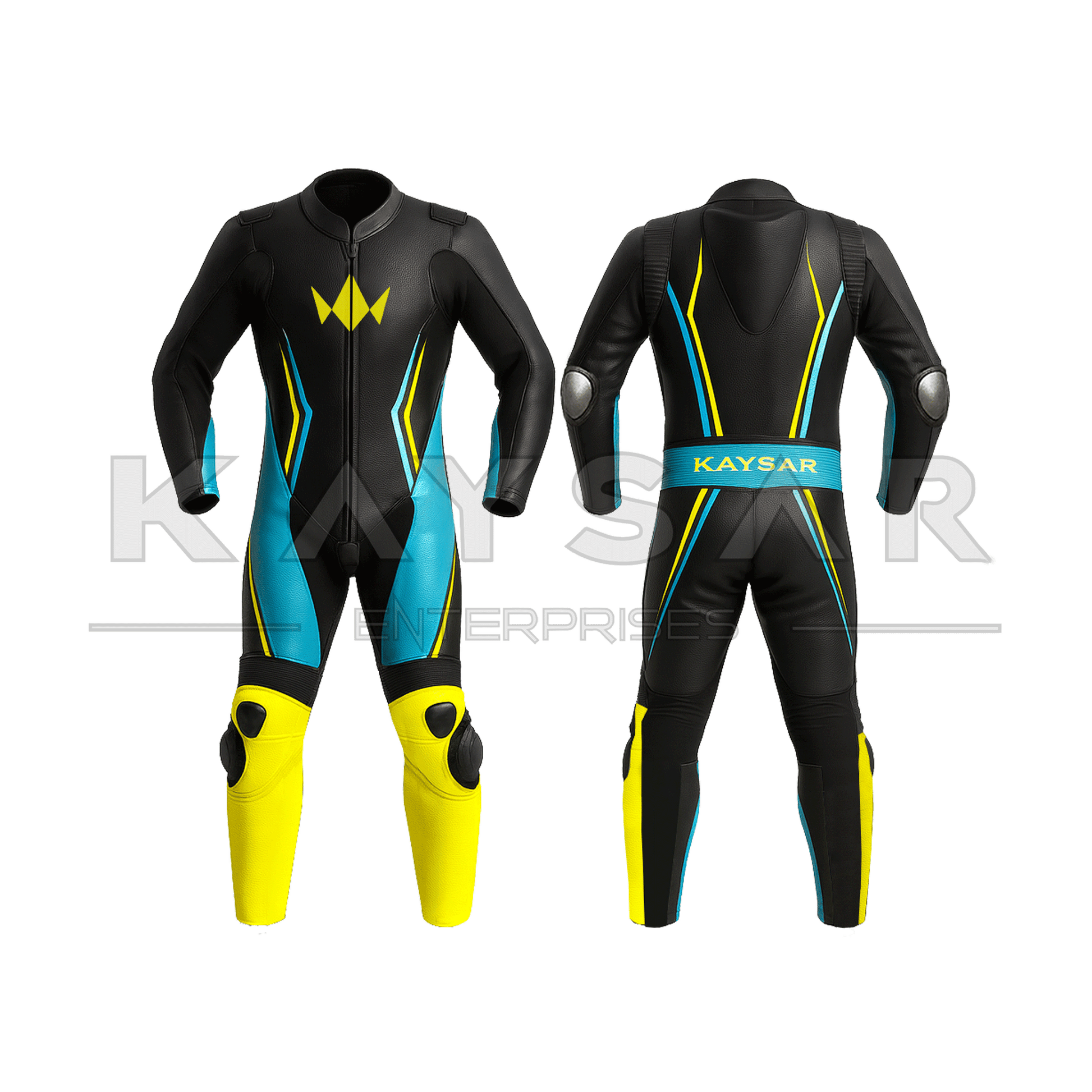 KE - 271 Blue with Yellow Motorbike Leather Suit for Men - Kaysar Enterprises