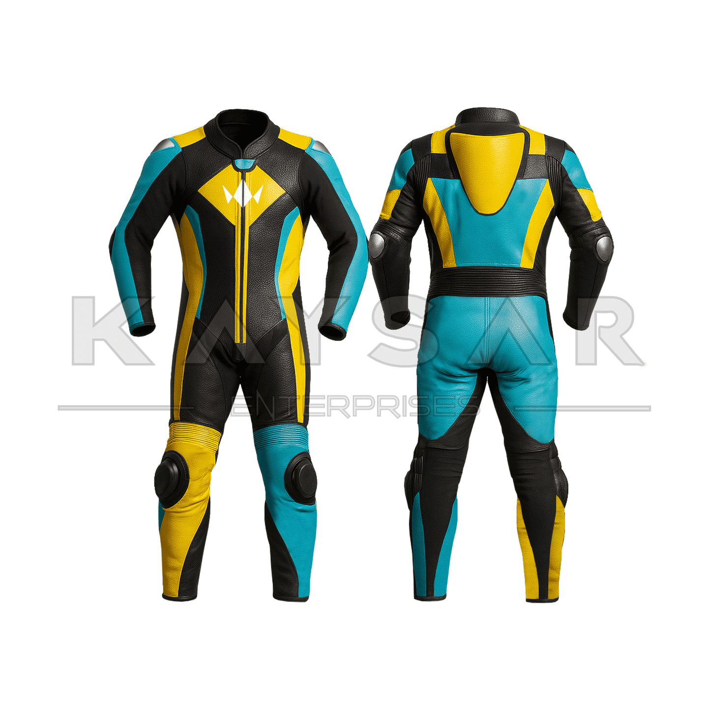 KE - 277 Blue and Yellow Motorbike Leather Suit for Men - Kaysar Enterprises