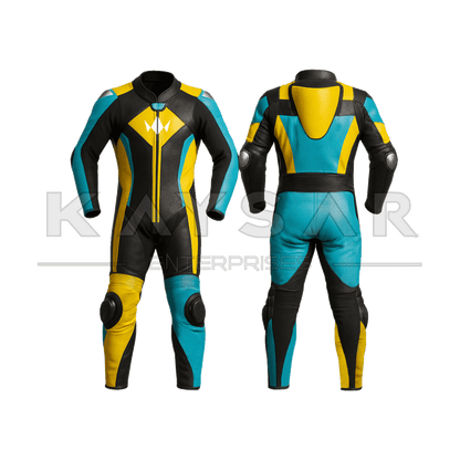 KE - 277 Blue and Yellow Motorbike Leather Suit for Men - Kaysar Enterprises