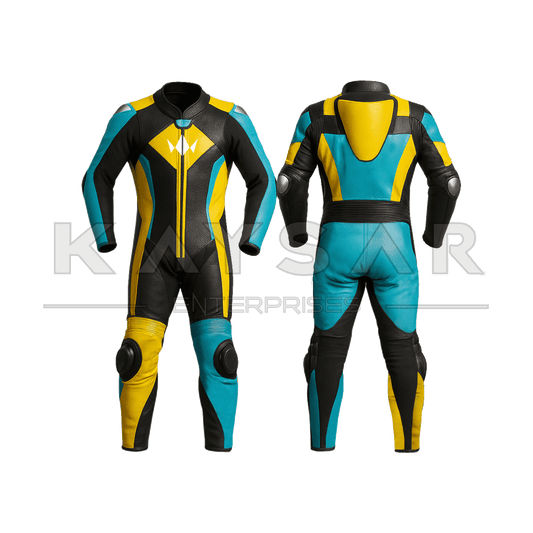 KE - 277 Blue and Yellow Motorbike Leather Suit for Men - Kaysar Enterprises