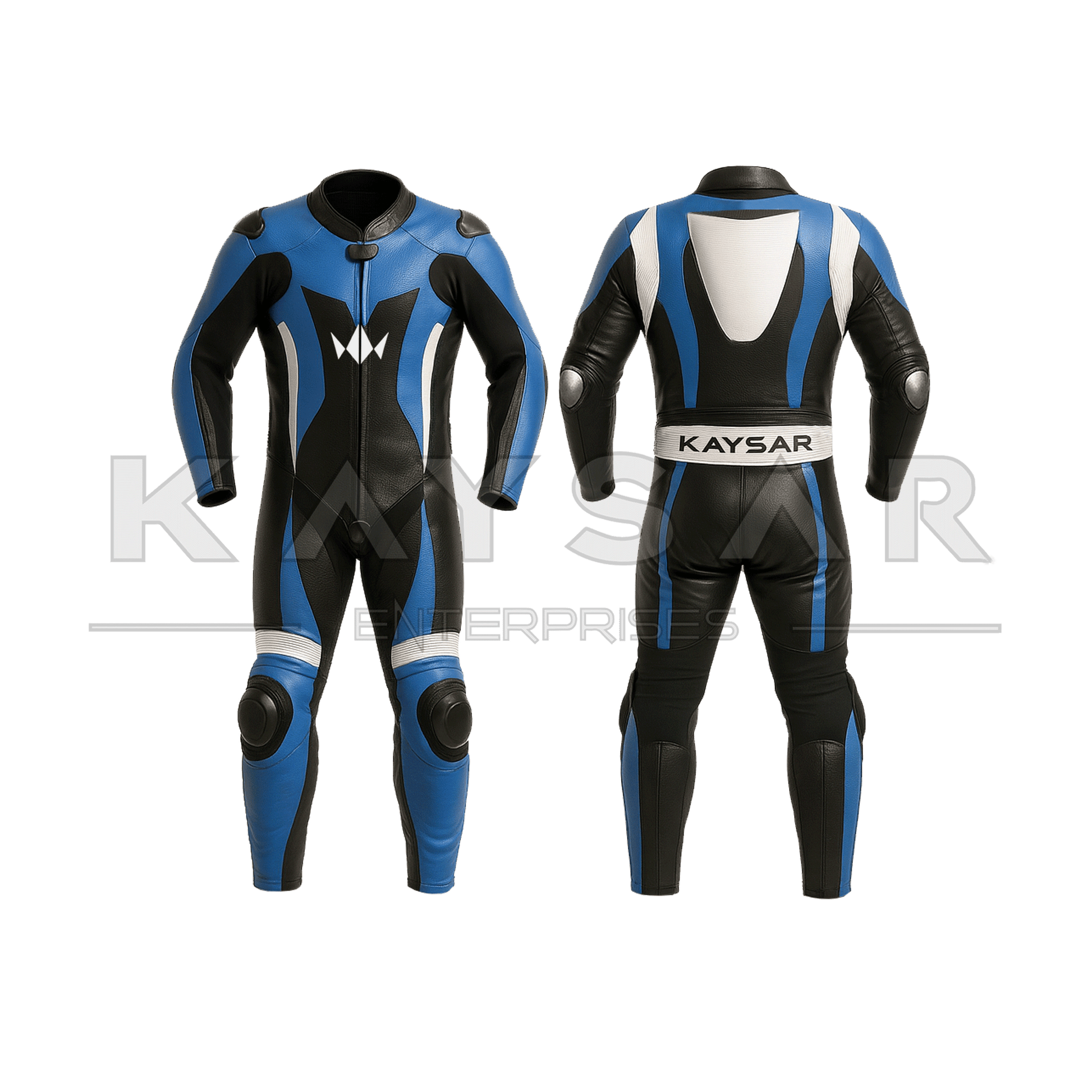KE - 278 Blue and White Motorbike Leather Suit for Men - Kaysar Enterprises