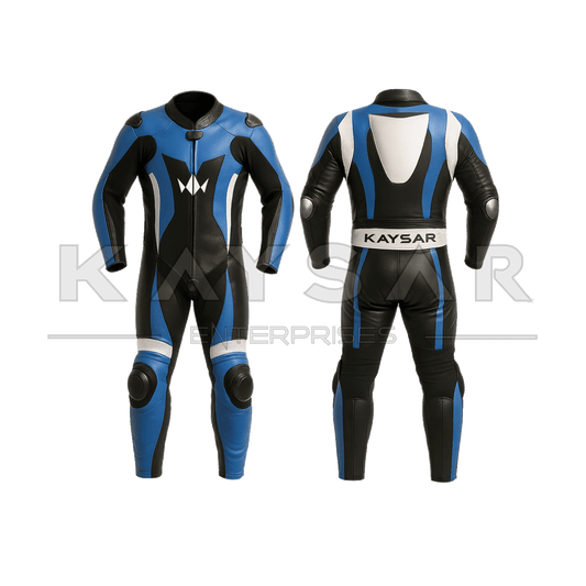 KE - 278 Blue and White Motorbike Leather Suit for Men - Kaysar Enterprises