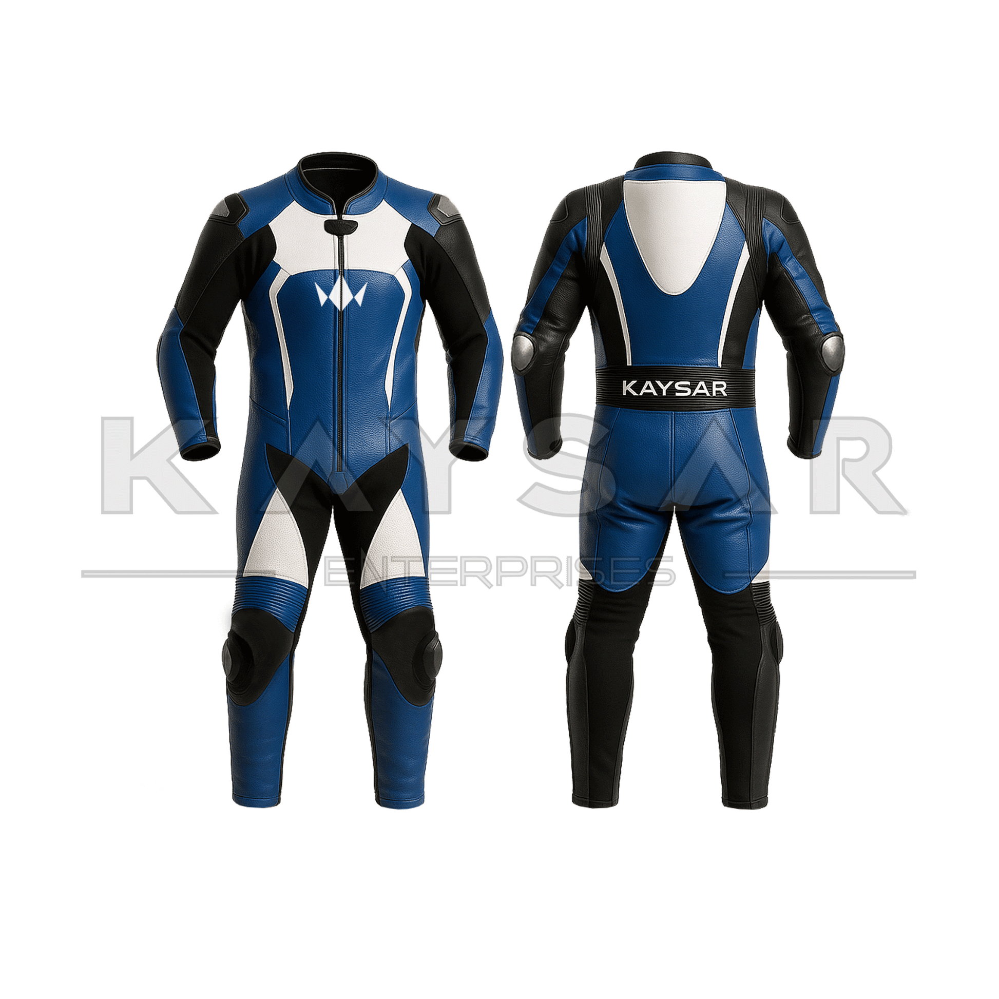 KE - 282 Blue and White Motorbike Leather Suit for Men - Kaysar Enterprises